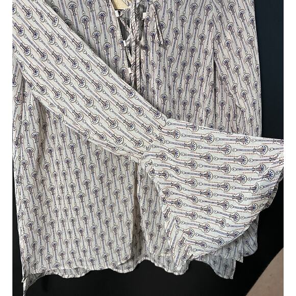 NWT Boutique Emory Park L/S Peasant Blouse Lace Up Neckline Taupe Navy Pattern L - Picture 2 of 11